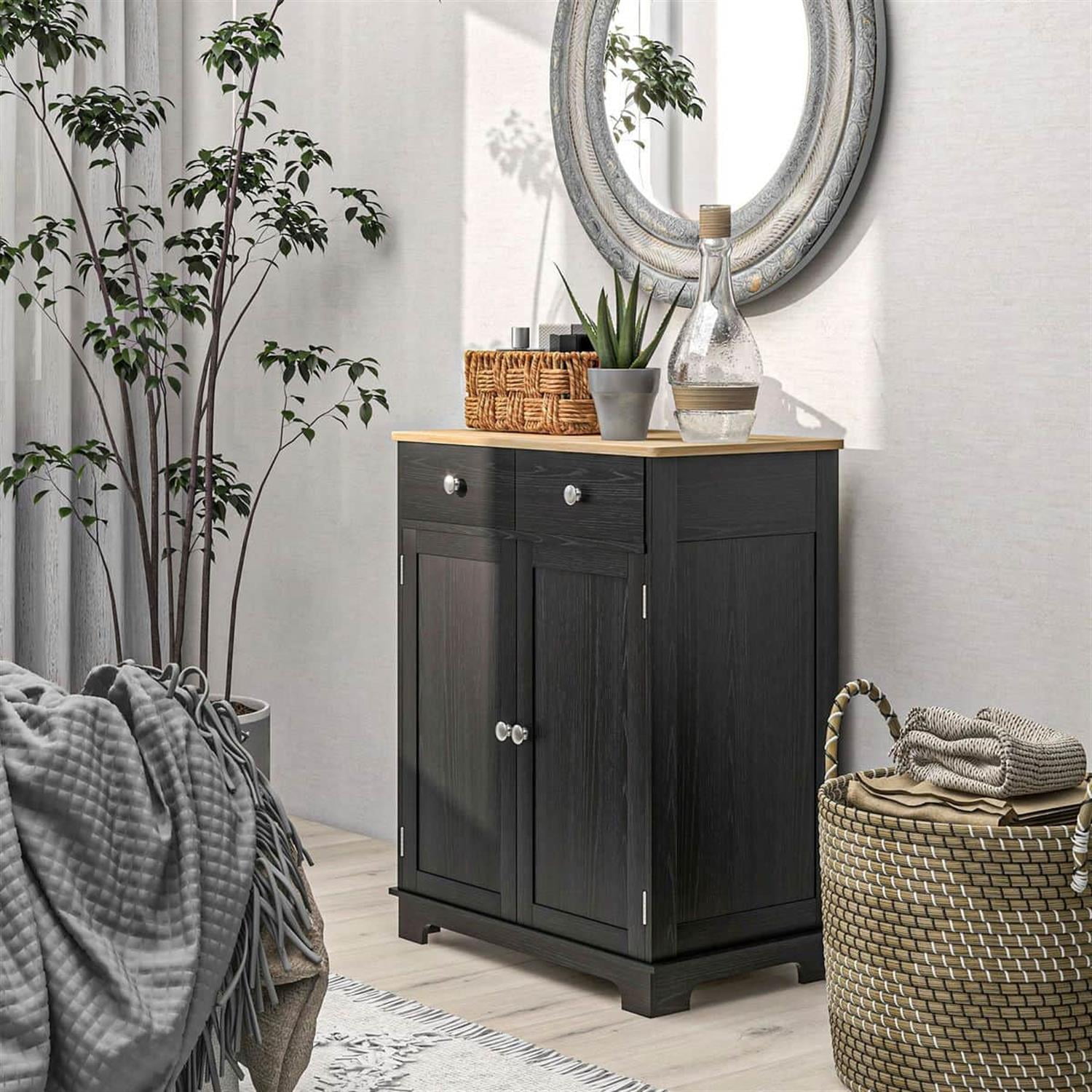 Demi Bonn 33" Solid Wood Top Kitchen Storage Cabinet, Sideboard Floor Cupboard with Adjustable Shelf & 2 Drawers for Modern Home Decor, Black