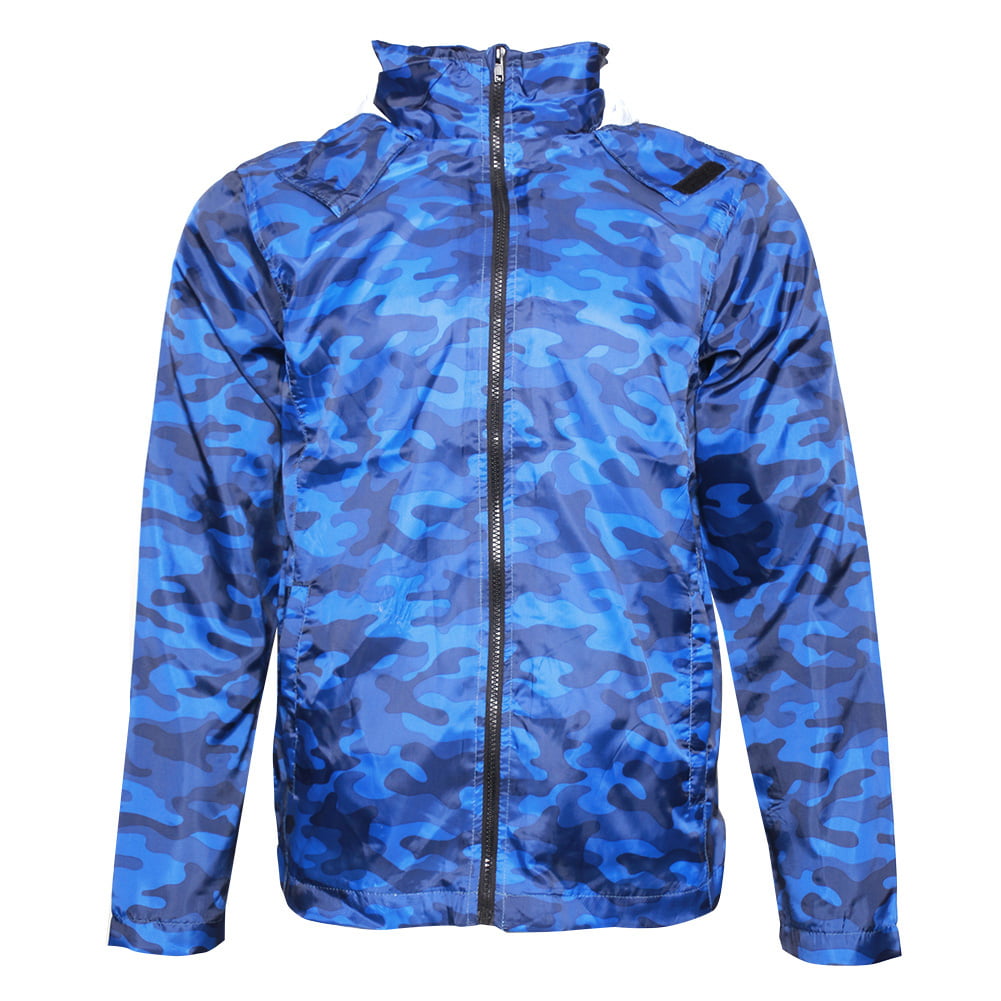Men's Light Windbreaker Raincoat Zip Up Polyester Hoodie Camo Blue -