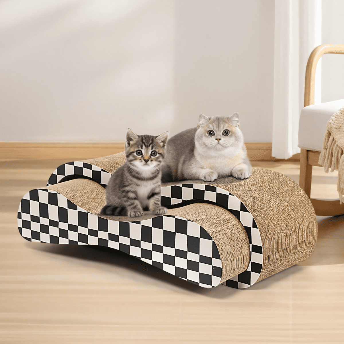 FluffyDream 2 in 1 Cat Scratcher Cardboard Lounge Bed, Cat Scratching Post, Durable Board Pads Prevents Furniture Damage,Large,Checkerboard