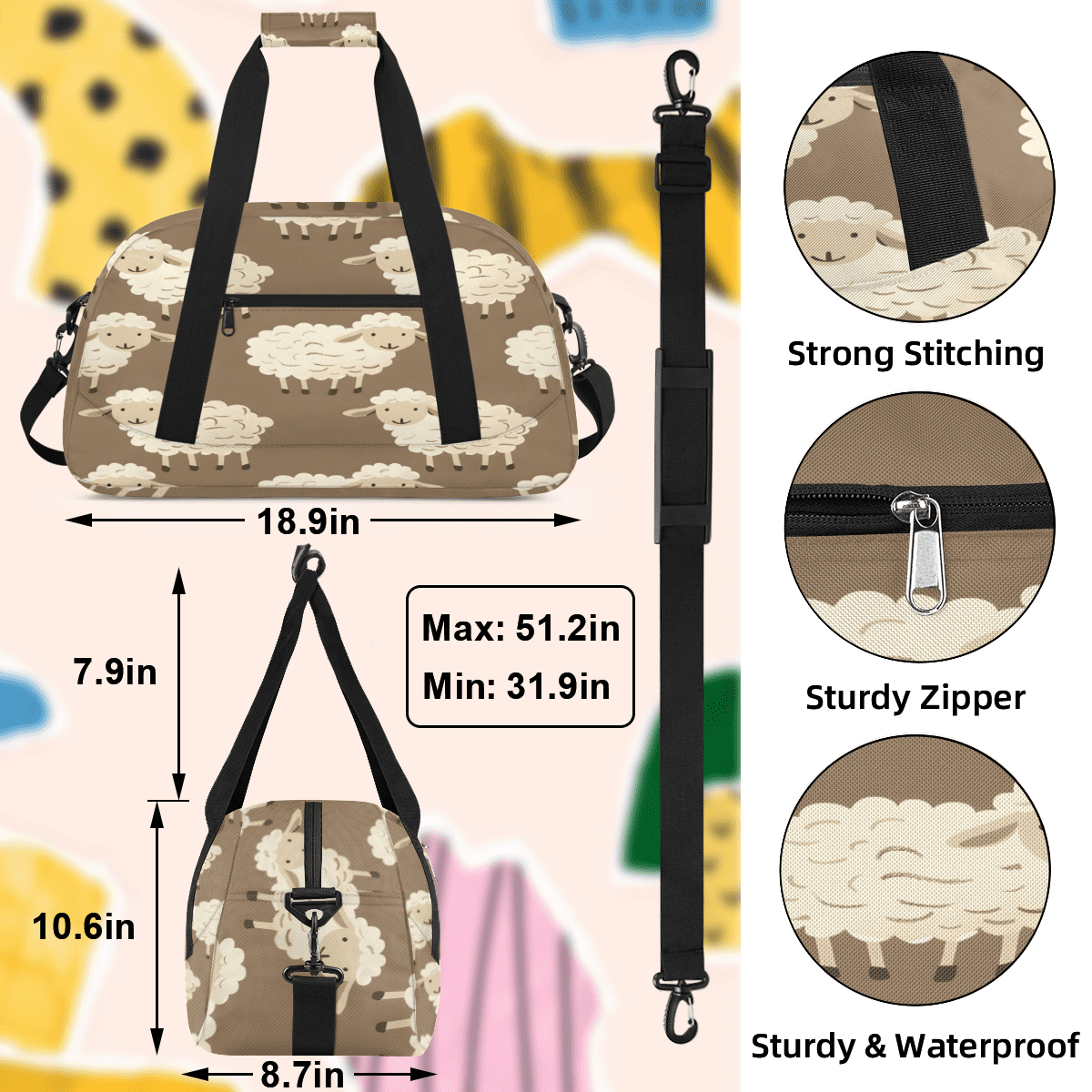 Herdesigns Sheep Sports Duffle Bag for Women & Men, Cute Cartoon Gym Bag Dance Bag Overnight Bag Carry On Weekender Travel Bag