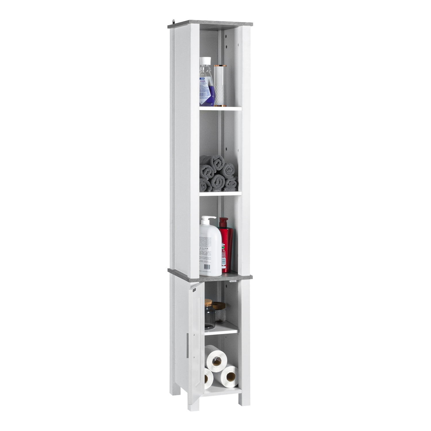 Kadyn White Bathroom Cabinet Linen Tower, Narrow Tall Cabinet Storage Tower with 3 Open Shelves and 1 Door, Free Standing Small Bathroom Storage Cabinet Kadyn White Bathroom Cabinet Linen Tower, Narrow Tall Cabinet Storage Tower with 3 Open Shelves and 1 Door, Free Standing Small Bathroom Storage Cabinet
