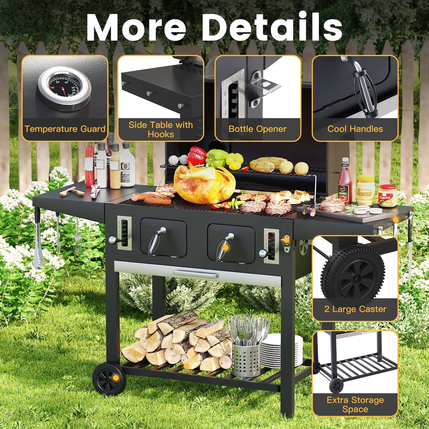 Vicllax Charcoal Grill with Side Tables Barbecue BBQ Smoker for Patio Cooking Camping Picnic