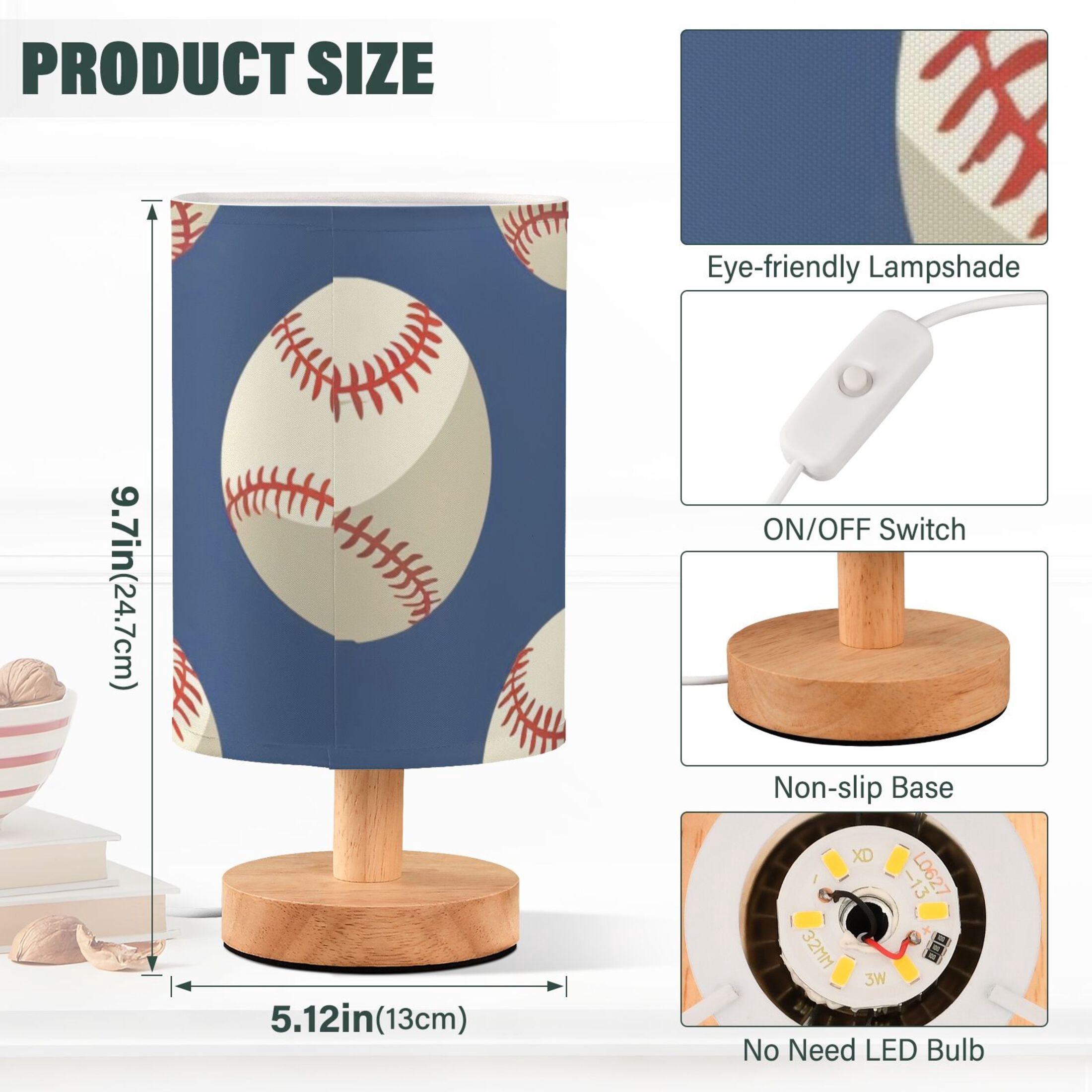 Bedside Desk Lamp LED Baseball on Blue Table Nightstand Lamps Warm Light Fabric Lampshade for Home Bedroom Office Living Room Decor