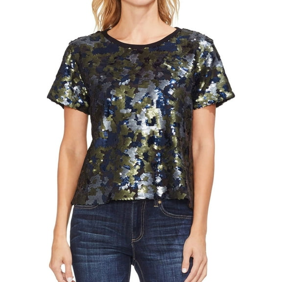 Vince Camuto Womens Camo Sequined Embellished T-Shirt, Multicoloured, X-Small