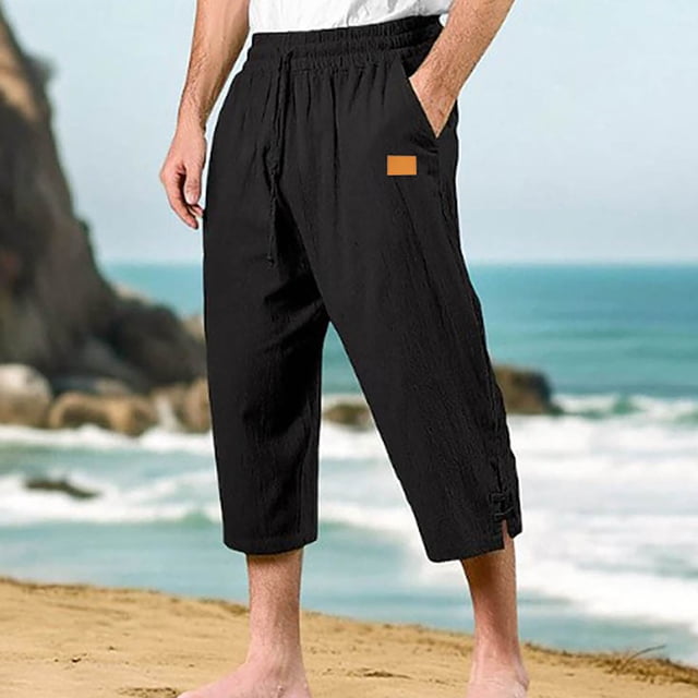 Ceisia Men's Gift Relaxed Three-quarter Cotton Linen Pants Breathable Elastic Waist Frog Button Multi-Color