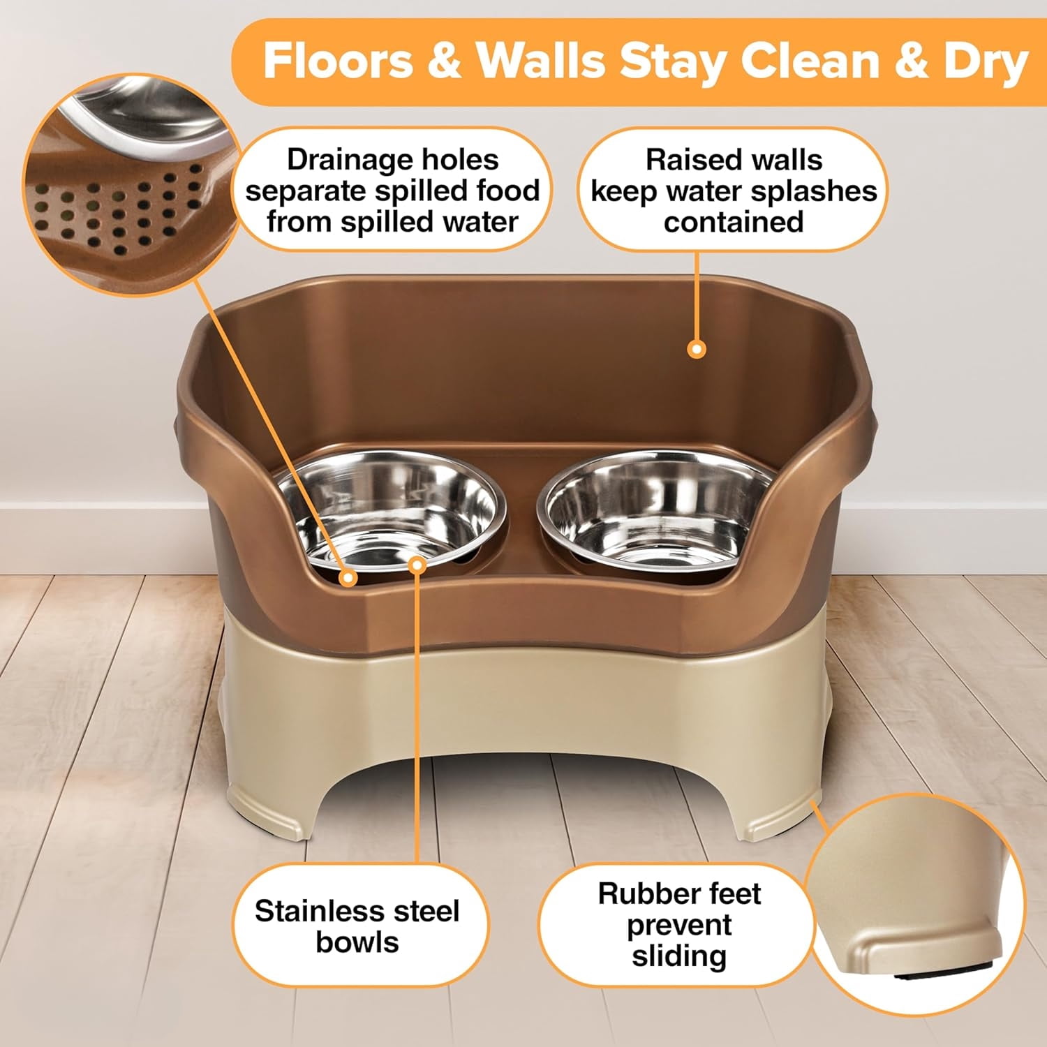 Mess Proof Dog Bowls Elevated for Large Dogs Over 40 lbs, No Spill Raised Dog Food Bowl Stand Feeding Station, Food and Water Bowl Set, Bronze