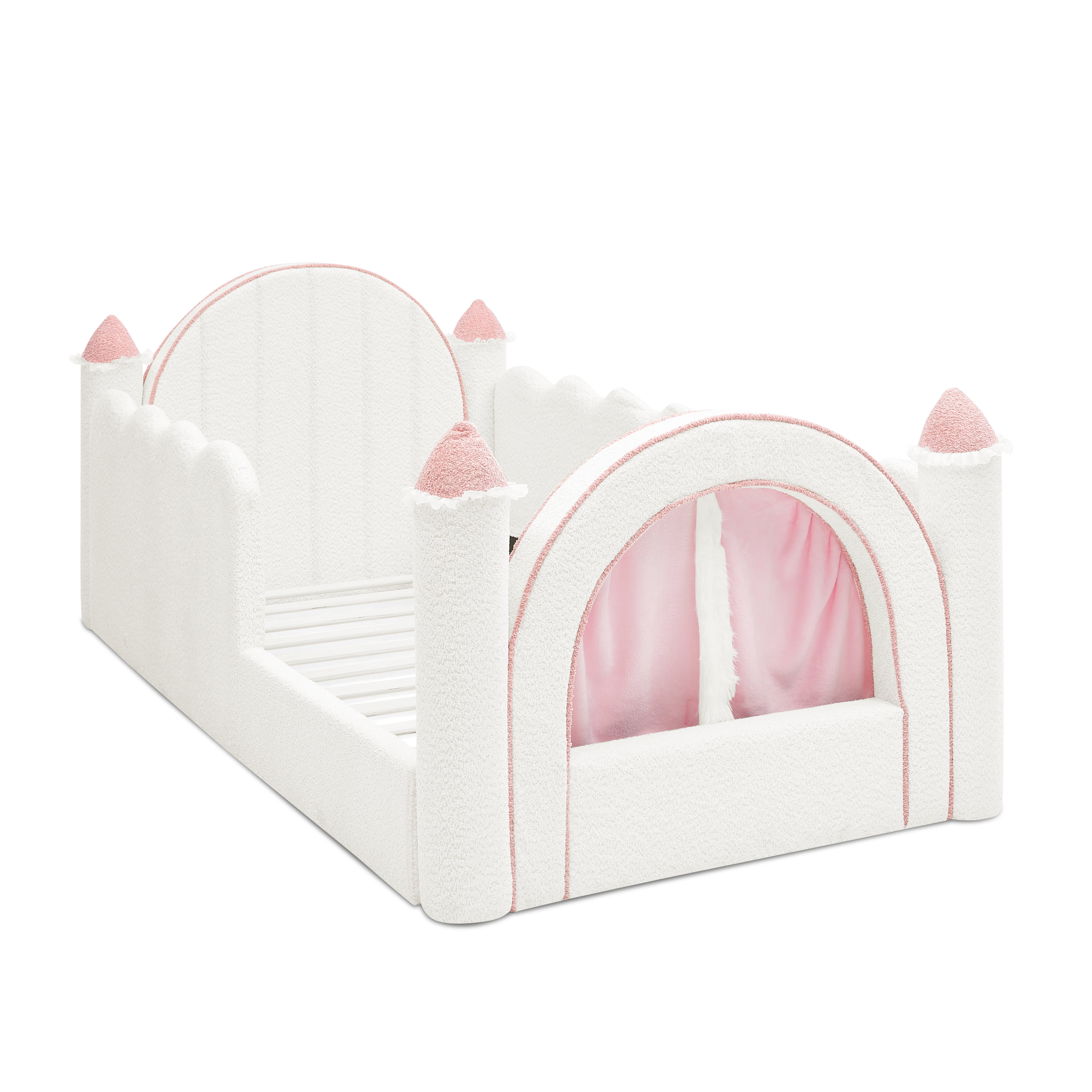 Wakefit Twin Size Castle Bed with Safety Guardrails & Curtain,Boucle Upholstered Kids Bed Solid Wood Frame,Cute Daybed for Bedroom,White