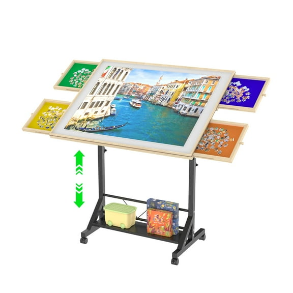 Wooden 1500-Piece Adjustable Puzzle Table with 4 Drawers & Wheels, Protective Cover, Adjustable Puzzle Board with Pine & Steel Construction for Adults & Kids