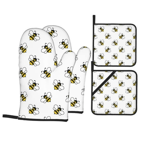 

Oven Mitts and Pot Holders Sets 4 pcs - Bee print B Heat Resistant Silicone Oven Gloves with Non-Slip Silicone Surface and hot pads for kitchen Baking Cooking BBQ