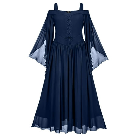 hcuribad Plus Size Dresses for Curvy Women Women s Irish Trumpet Sleeve Dress with Corset - Gothic Retro Cosplay Costume Maxi Dresses 2024 Summer Dresses 2024 Casual Dresses Clearance Dark Blue M