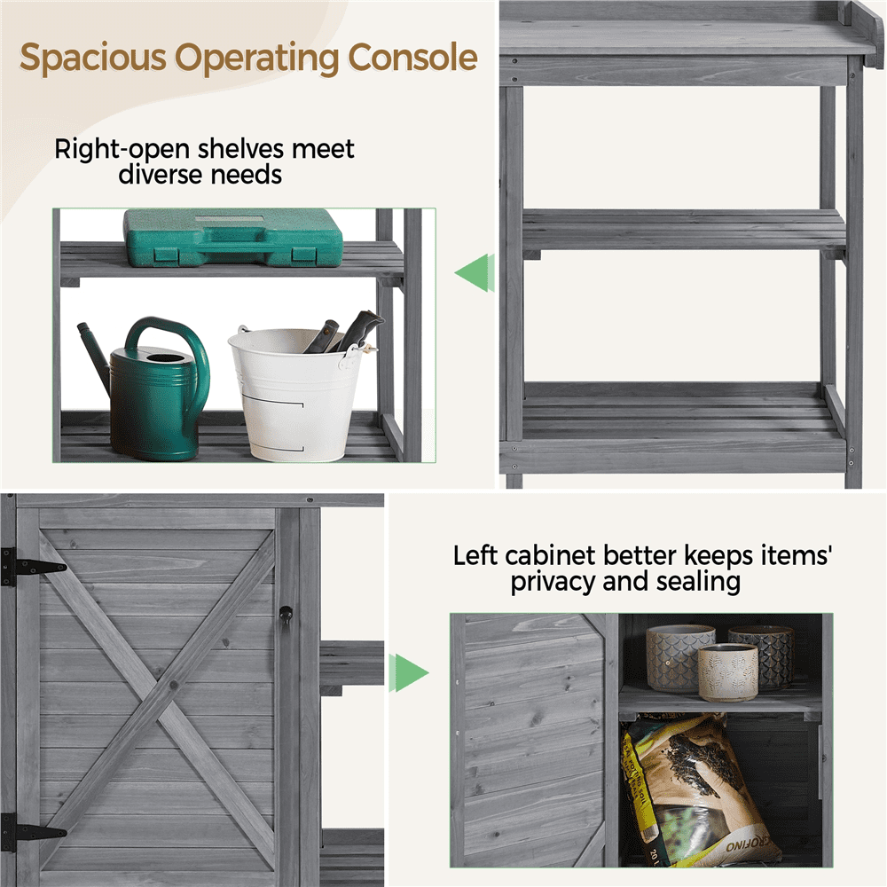 Renwick 4-layer Garden Work Bench with Cabinet & Open Shelf, Gray