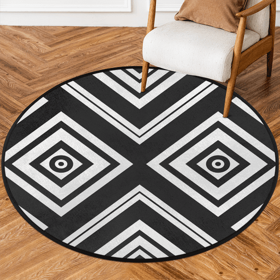 CURLYOOT Round Rug 3ft Black Striped Area Rug, Washable Circle Mat Non Slip Floor Carpet Mat, Soft Indoor Rugs for Entryway Living Room Dining Room Bedroom
