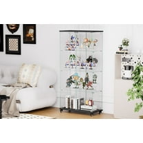 Modern Double Door Glass Cabinet with Lock and Wheels, Model Display Cabinet with 6 Acrylic Dividers, Tempered Glass, Quick-Mount 4-Shelf Antique Cabinet, Black