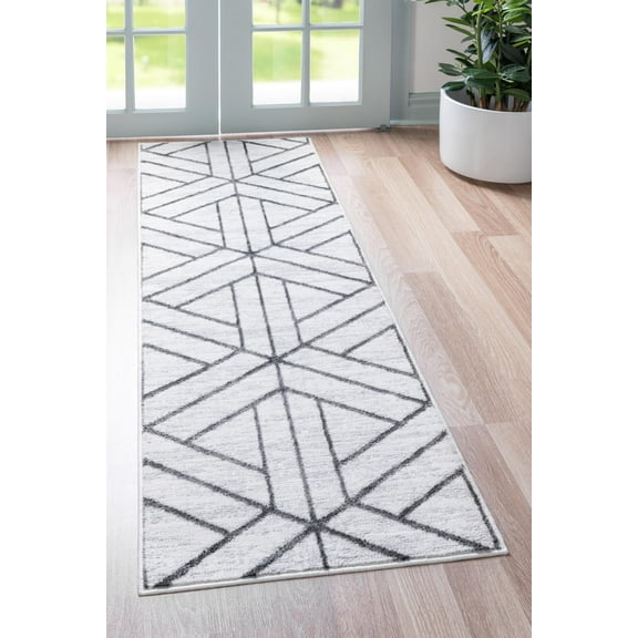 Rugs.com Lattice Trellis Collection Rug – 6 Ft Runner White Low-Pile Rug Perfect For Hallways, Entryways
