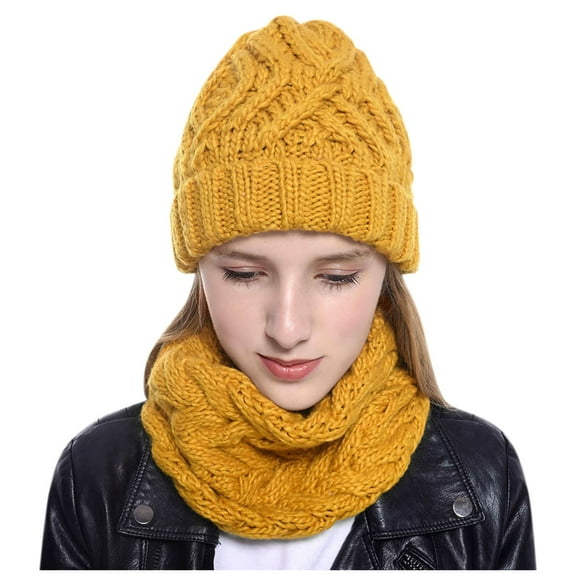 PMVFHDE Winter Hat and Scarf Set for Women Knitted Thickened Warm Two Piece Solid Color Soft Woven Design for Cold Weather Yellow