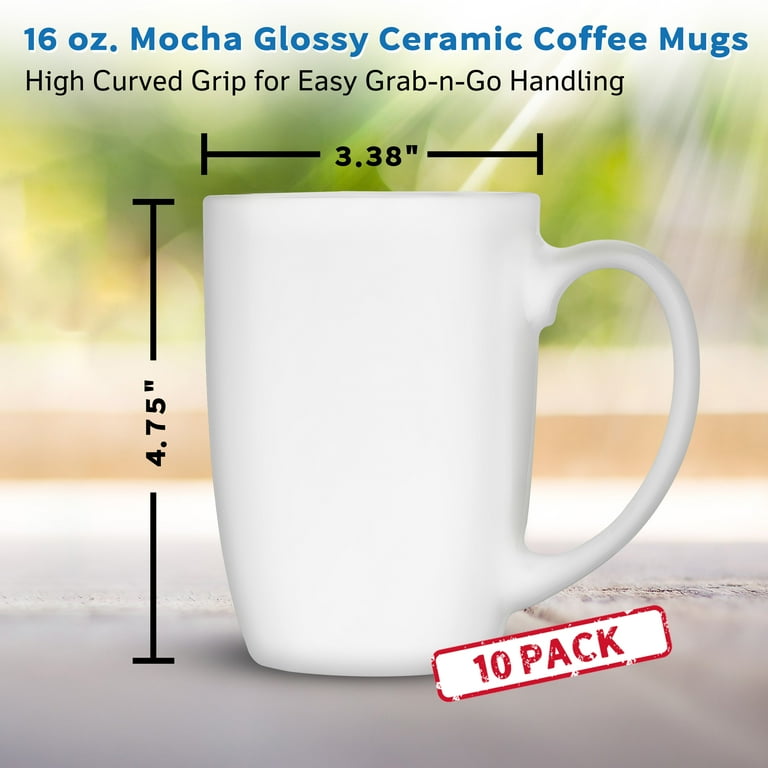 10 Large Mocha Glossy Ceramic Coffee Mugs Set, 16 oz. - Stoneware, Smooth,  Durable, C-handle - White