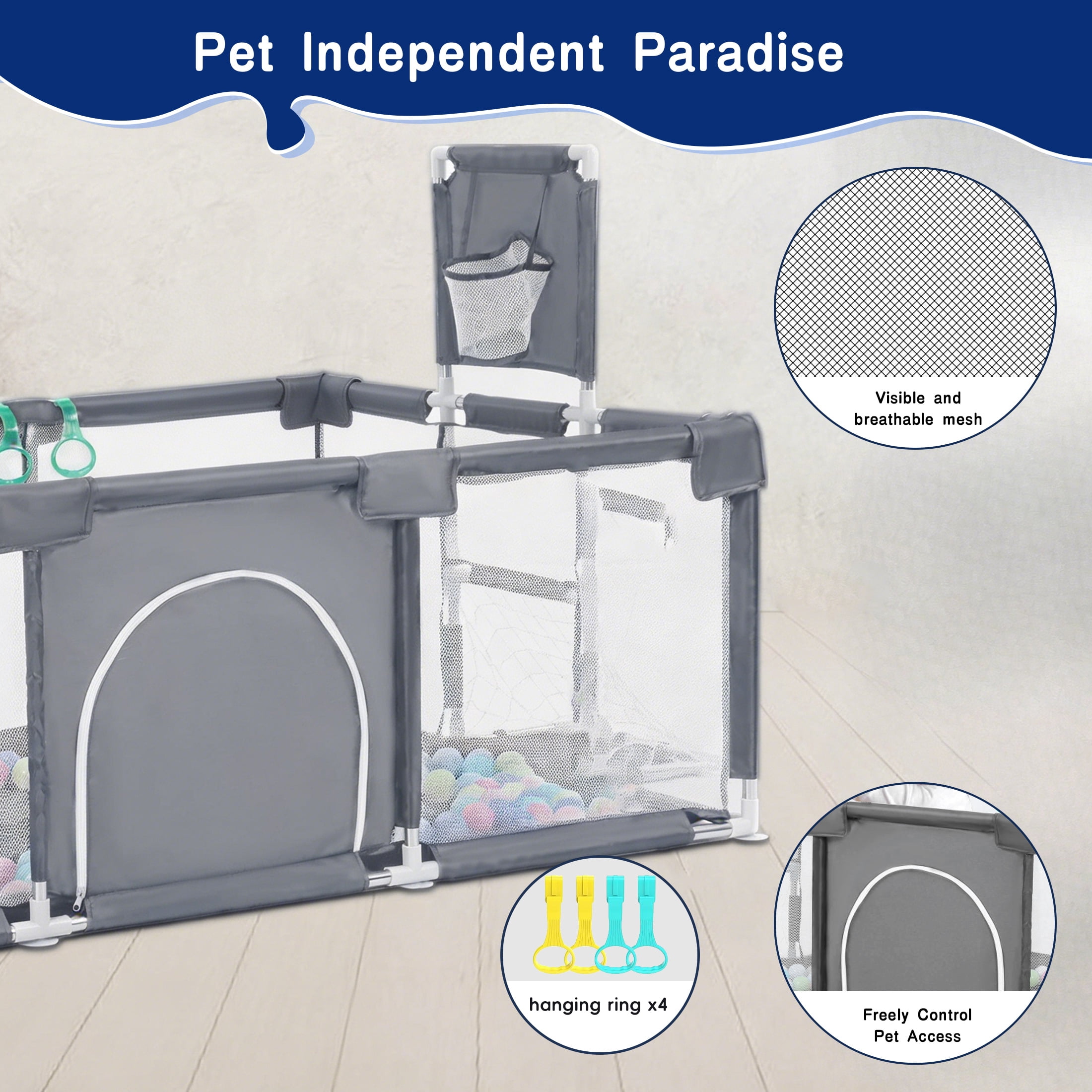 HioHa Pet Large Playpen, Family Big Playard with Basketball Hoop, Portable Pet Fences, Foldable Play Fence with Storage Bag