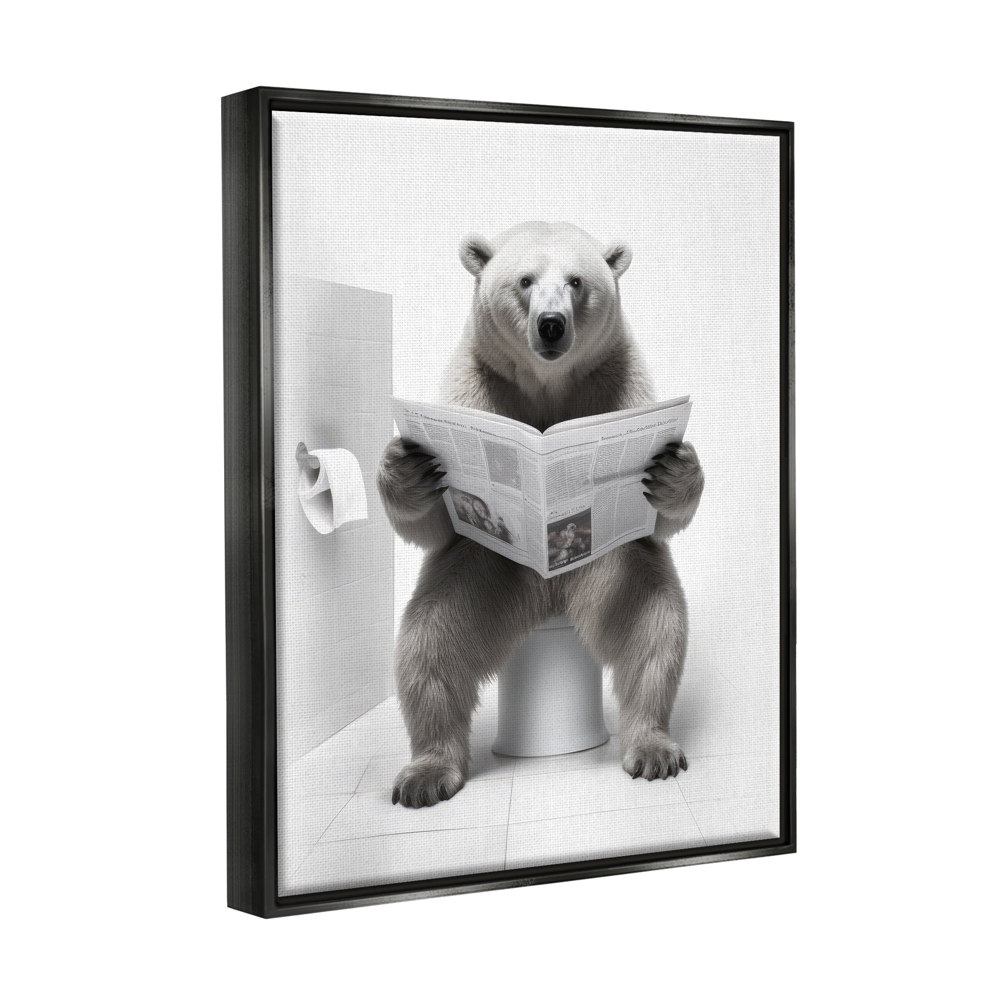 Stupell Industries Bear Reading Newspaper Animals & Insects Painting Black Floater Framed Canvas Art Print Wall Art, 25 x 31