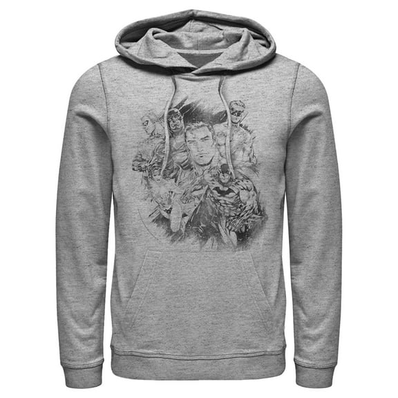 Men's Justice League Hero Sketch Collage Pull Over Hoodie Athletic Heather 3X Large