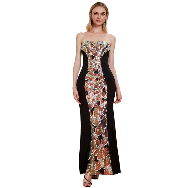 ANGEL FASHIONS Women Strapless Pattern Wrap Column Party Dress Medium