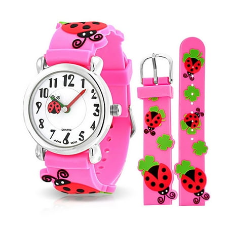 Bug Watch - Girls Pink Ladybug Clover Kids Watch Stainless Steel Back