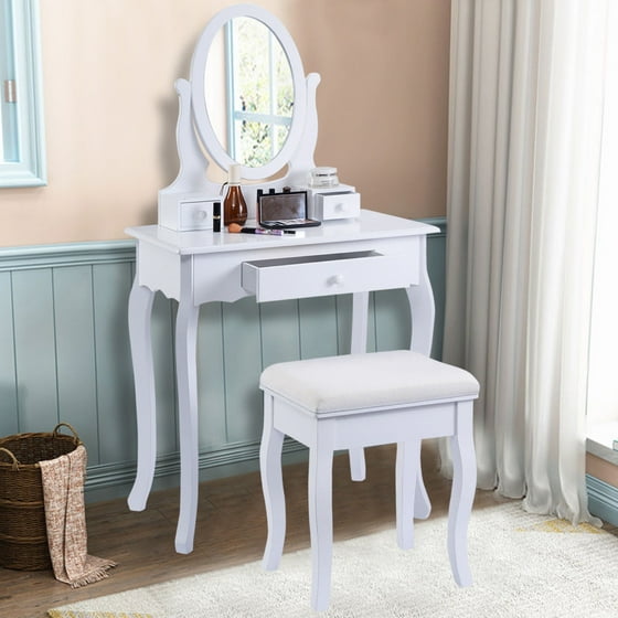 Costway White Vanity Table Jewelry Makeup Desk Bench ...