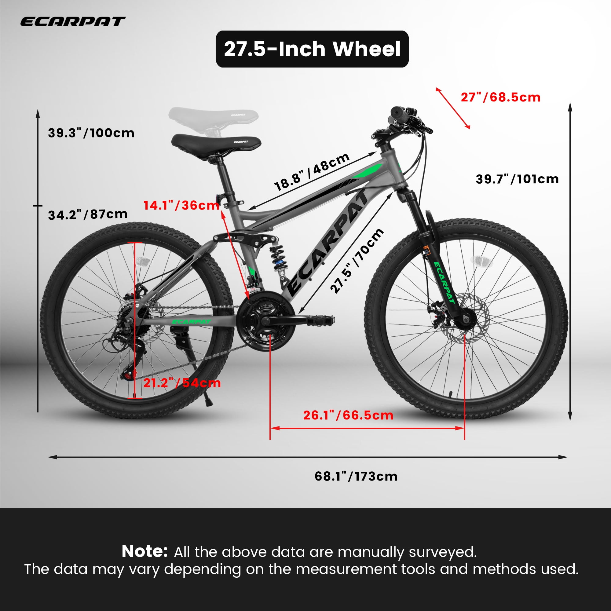 taoruifang 27.5" Full Suspension Mountain Bike, 21-Speed Dual Shock Bicycle with Mechanical Disc Brake, Steel Frame for Men Women, Green/Grey