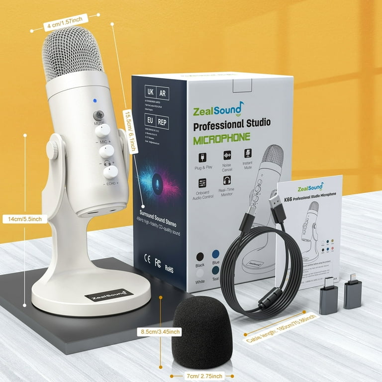 ZealSound USB Microphone with Noise Cancellation, White photo 7