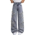 thumbnail image 2 of Wonitaaizi Girls Jeans Denim Elastic Wasit Wide Leg Baggy Pants Kids Clothes (14-15 Years,Blue), 2 of 6