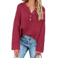 thumbnail image 4 of HSHDLDF Women's Oversized Sweaters Batwing Long Sleeve Loose V Neck Button Henley Tops Pullover Knit Jumper, 4 of 5