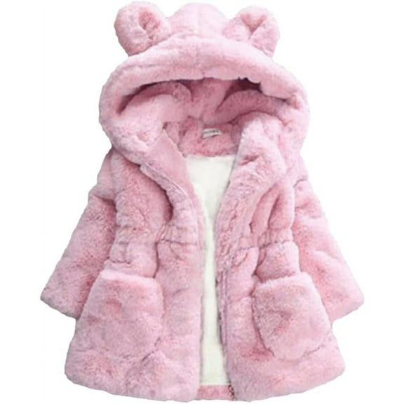 Kids Girls Winter Warm Coats Jacket Clothes Outwear Overcoat Ear Hooded Faux Fur Thicken Fleece Toddler