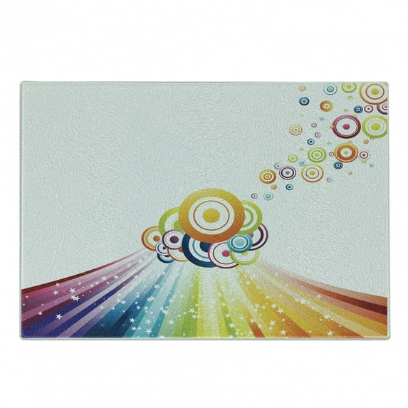 Vintage Rainbow Cutting Board, Colorful Stripes Wave and Bullseye Circles Pattern with Stars Illustration, Decorative Tempered Glass Cutting and Serving Board, Small Size, Multicolor, by Ambesonne