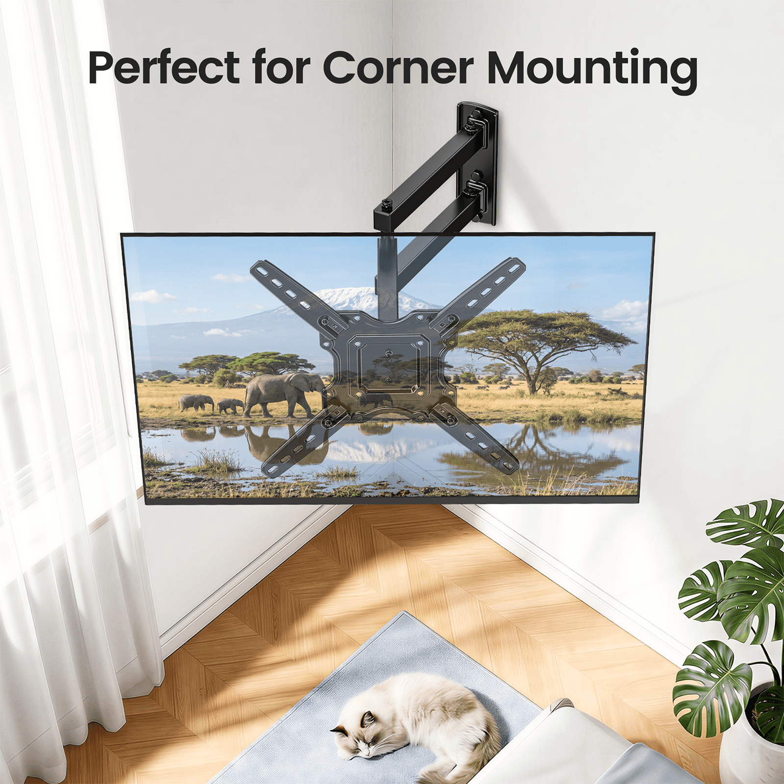 MountFTV Full Motion TV Wall Mount Bracket for 26-65 inch TVs, Holds up to 77 lbs, Corner TV Wall Mount Bracket with Swivel, Leveling and Extension