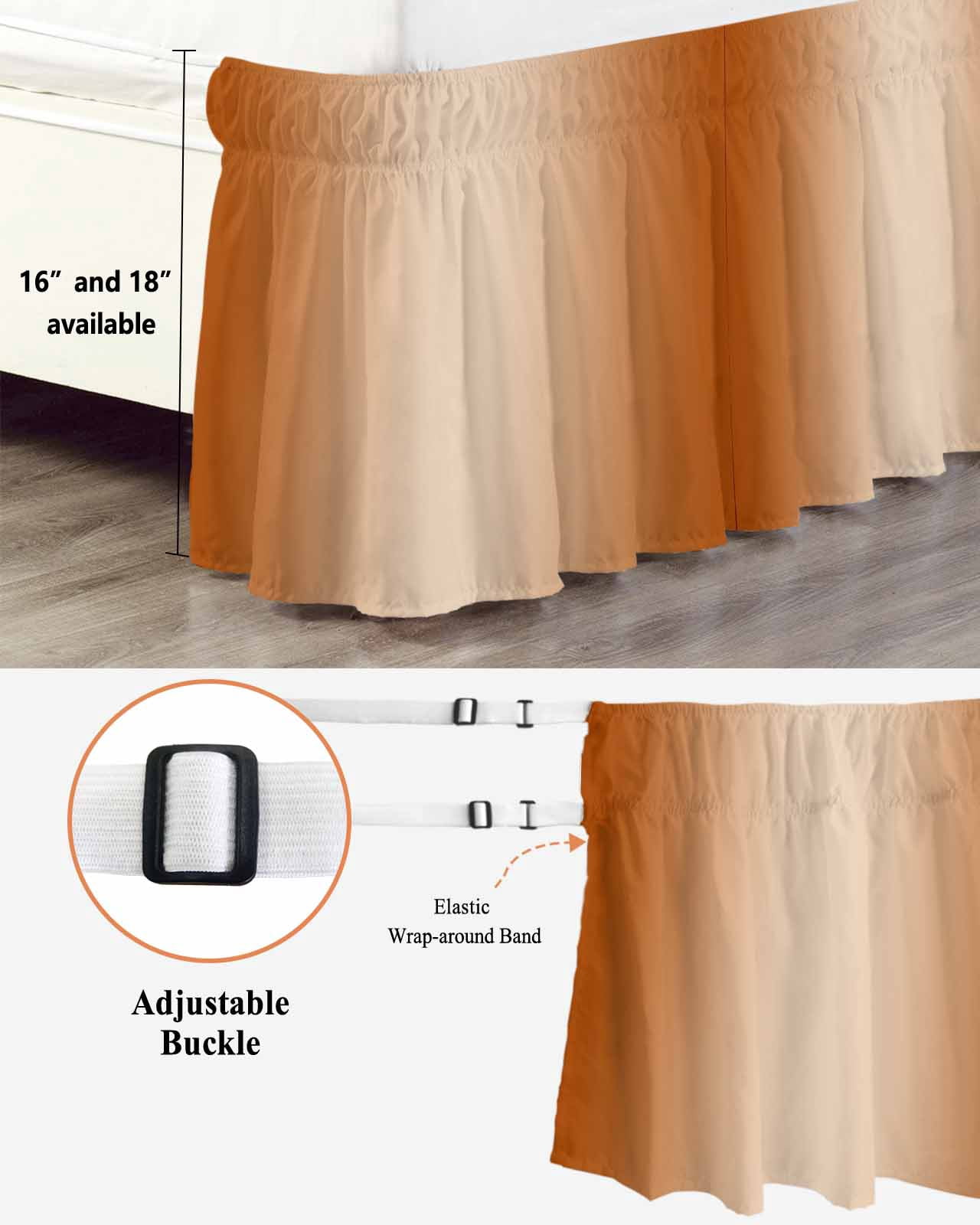Burnt Orange Ombre Bed Skirt King Size, Modern Gradient Abstract Art Wrap Around Bed Skirting with Adjustable Elastic Strap, Dust Ruffled Pleated Bedskirts 18 Inch Drop for Bedroom King Beds