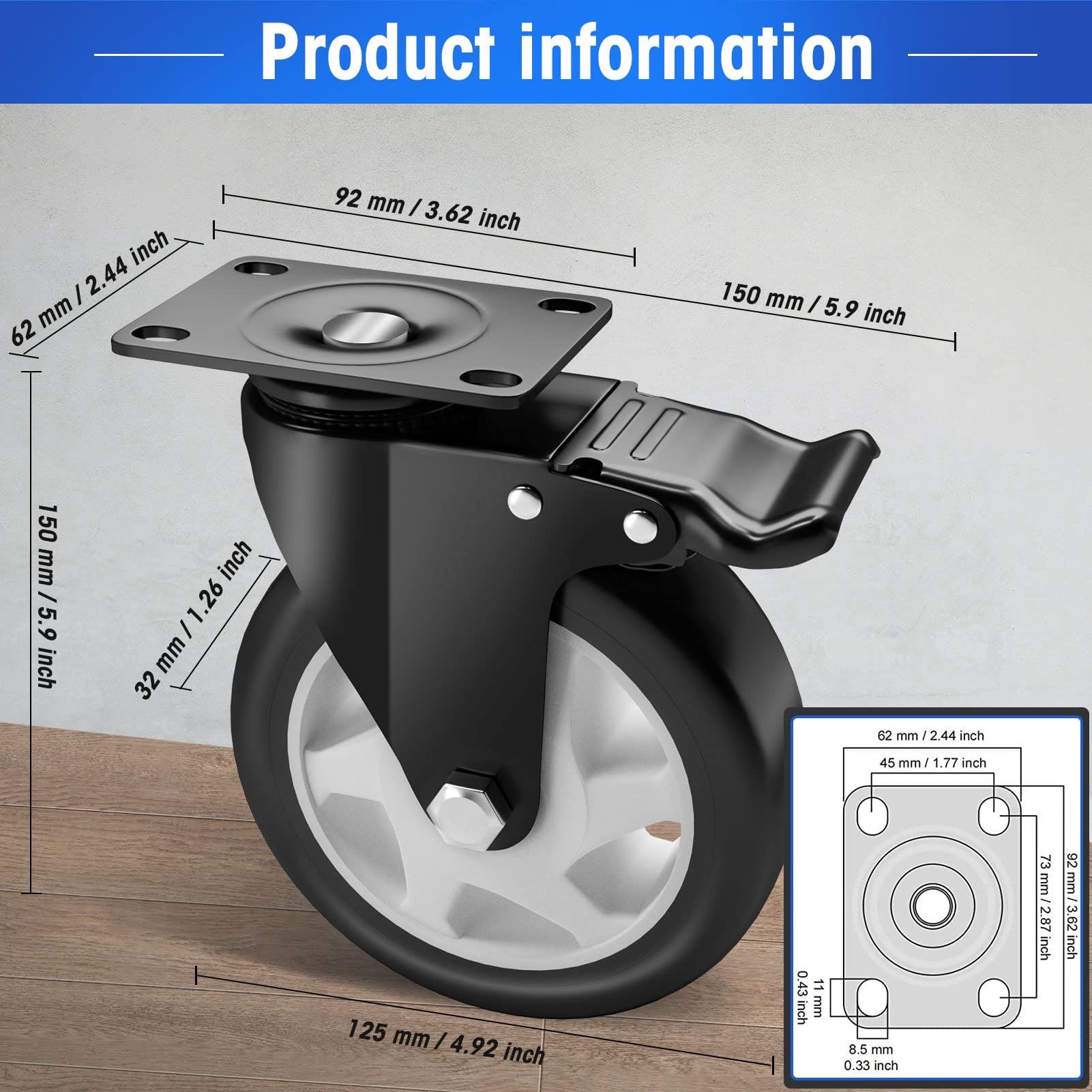 5" Caster Wheels Heavy Duty, ASHGOOB Casters Set of 4 - Non-Marking Black Polyurethane Castors, Top Plate Swivel Wheels, Industrial Casters with Brake, Locking Casters for Furniture and Workbench