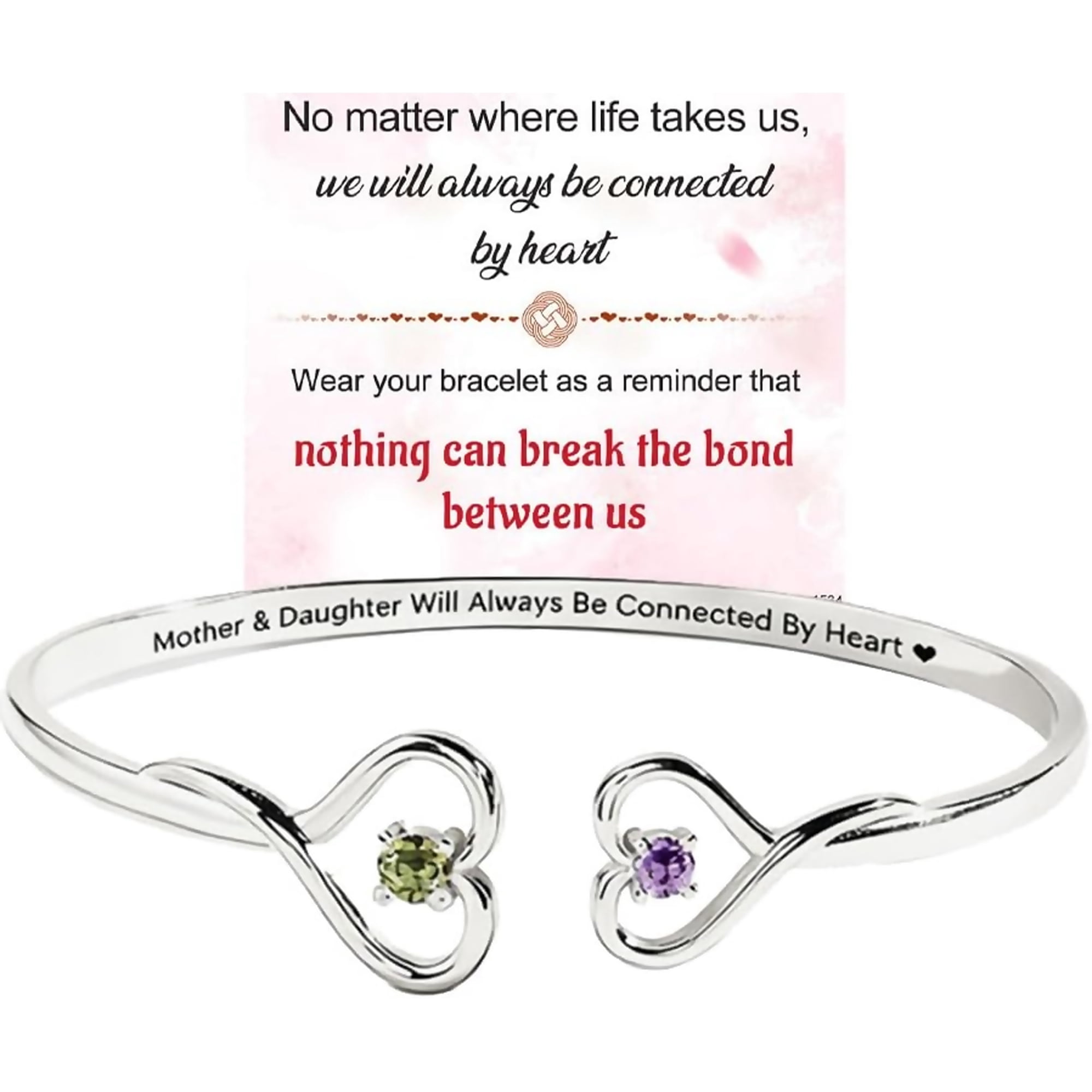 Mother and Daughter Love Eternal Custom Birthstone Double Heart Bracelet, Personalized Mother Bangle with Engraved Message, Adjustable Open Sentimental Jewelry Gift for Birthday