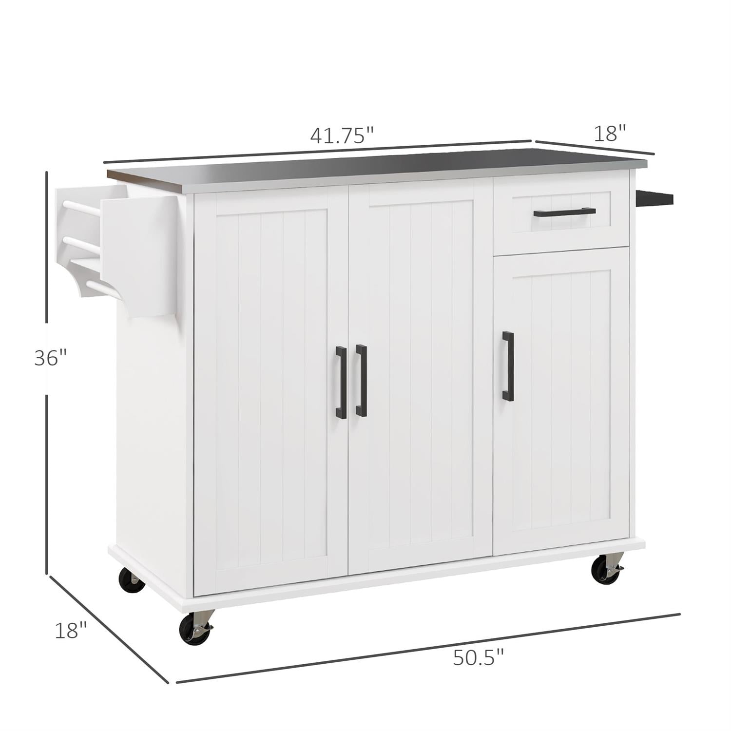 Demi Bonn 50" Kitchen Island Cart with Storage and Wheels, Stainless Steel Countertop, 3 Cabinets, Spice & Towel Rack for Home Cooking, White