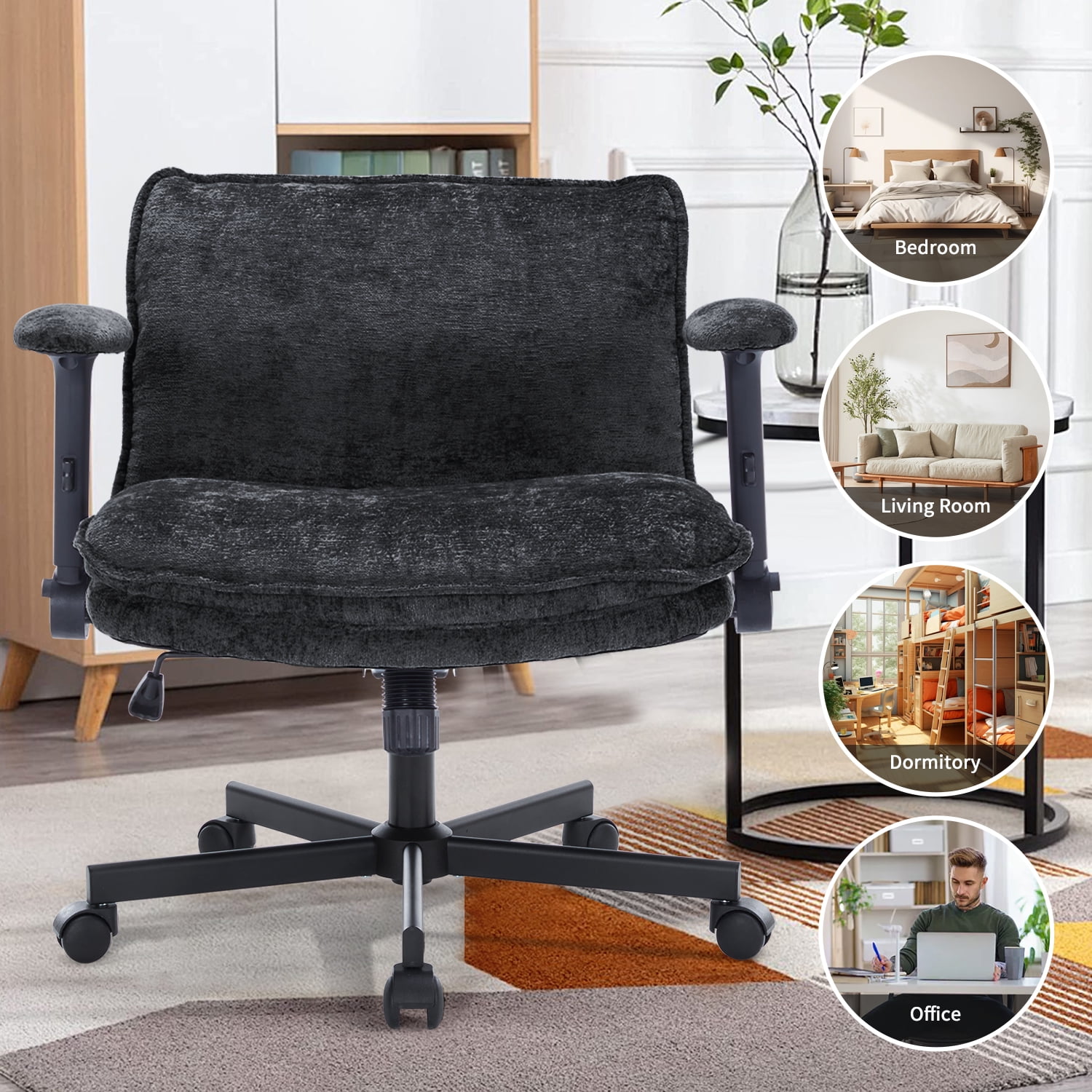Criss Cross Chair with Wheels and Adjustable Flip-Arms, Cross Legged Office Chair with Thick Cushion, Wide Makeup Vanity Chair, Comfy Swivel Desk Chair for Home Office, Apartment, Bedroom, Black