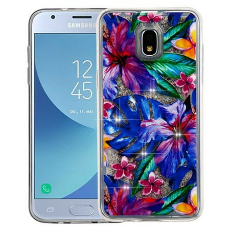 Premium Shockproof Hard Back Quicksand Glitter Hybrid Protector Case for Samsung Galaxy J3 2018, Galaxy Express Prime 3, Galaxy J3 V 3rd Gen (2018) - Watercolor Hibiscus &