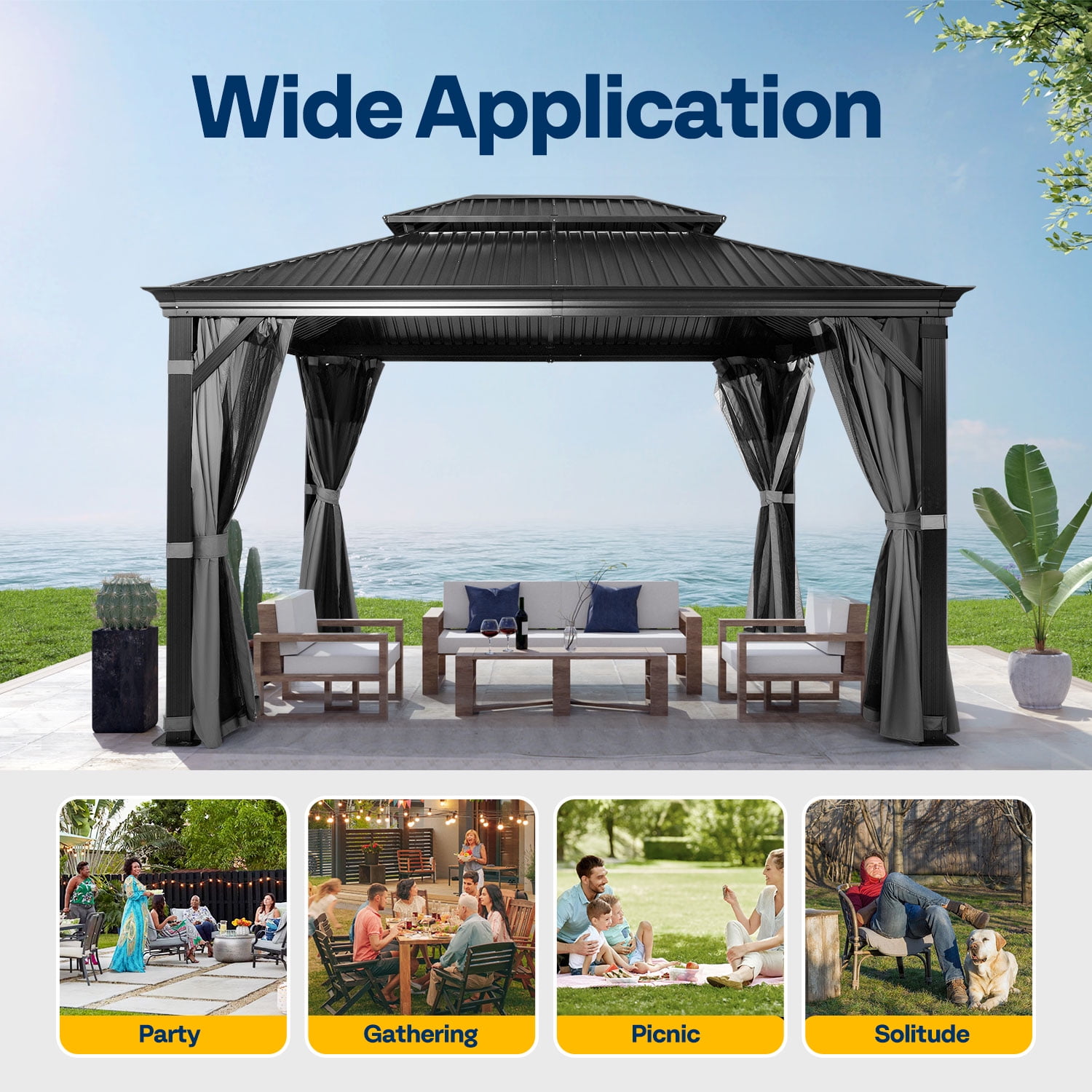 VIVOHOME 10' X 13' Permanent Hardtop Gazebo, Aluminum Frame with Galvanized Steel Double Roof, Curtains and Netting Included