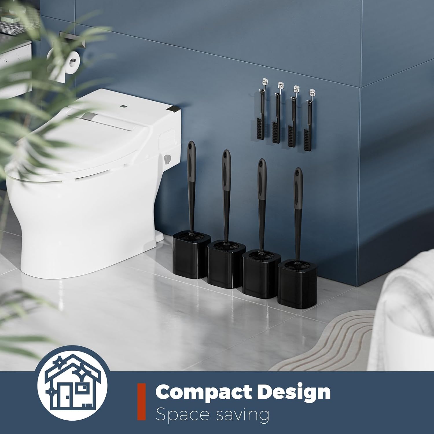 Toilet Brush, 4 Pack Toilet Brush and Holder Set Bathroom Accessories, Toilet Bowl Brush and Holder with 4 Crevice Brush for Bathroom, Toilet Scrubber Brush, Black