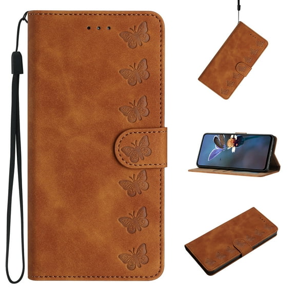 Feishell Wallet Case for Samsung Galaxy S23 Ultra, 7 Butterflies PU Leather Strap Flip Cover with Card Slots Holder Kickstand Magnetic Clasp, TPU Shockproof Non-Slip Case for Samsung S23 Ultra, Brown