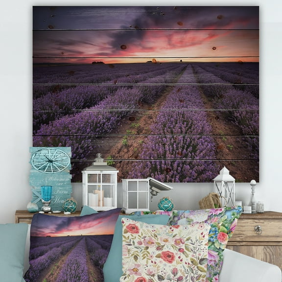 Designart 'Dramatic Clouds and Sunrise Over Lavender Field IX' Farmhouse Print on Natural Pine Wood