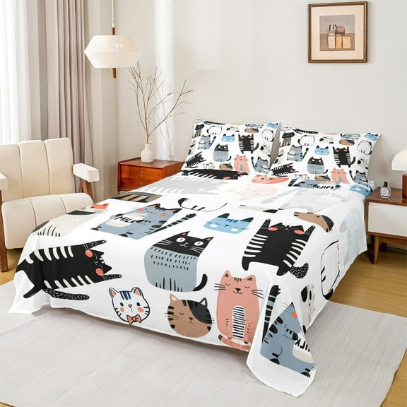 Manfei Cartoon Kitten Twin Sheet Sets,Pet Lover Twin Fitted Sheet,Kawaii Bowknot Cat Flat Sheet For Girl Kids,Super Cozy Room Decor,3 Pieces