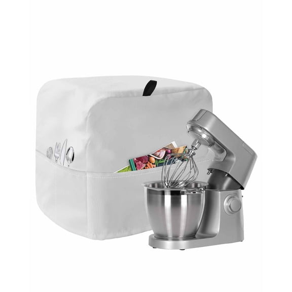 White Stand Mixer Dust Cover with Storage Pocket & Handles, Modern Simple White Backdrop Fits All Tilt Head & Bowl Lift Kitchen Appliance Cover Organizer Bag Accessories, 4.5-5 Quart