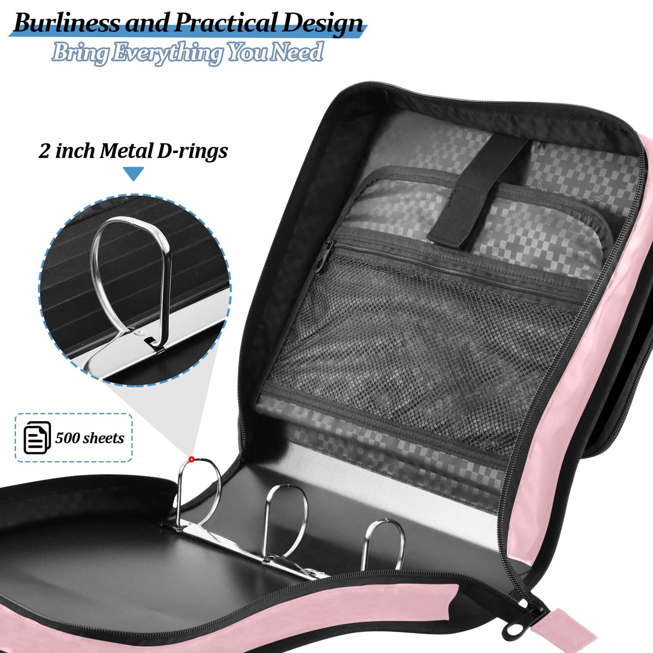 3 Ring Zipper Binder with Shoulder Strap Waterproof Trapper Keeper 2 Inch D-Ring 500 Sheets Capacity Pale Pink