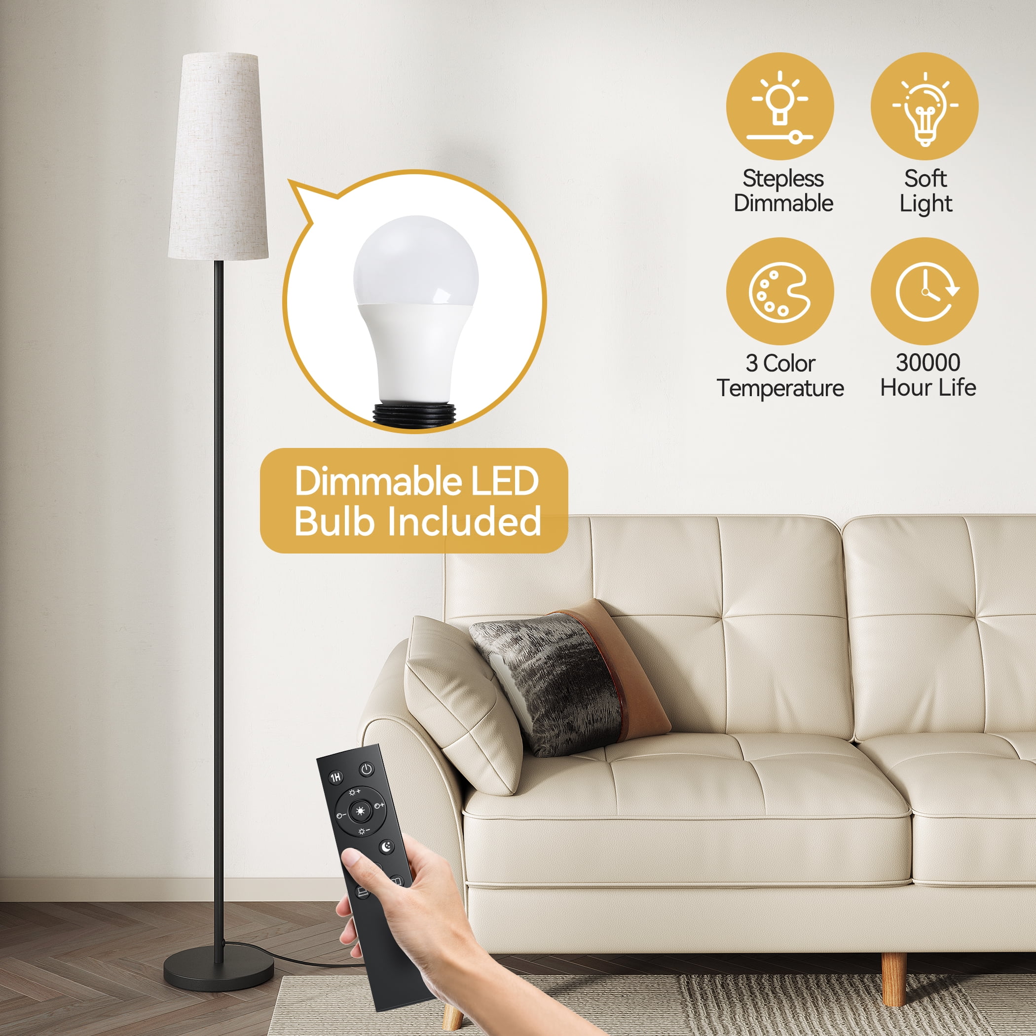 Sunmory Floor Lamp with Remote Control, Floor Lamps for Living Room Modern Floor Lamp, Dimmable Colors Temperature Standing Lamp Tall Lamps for Bedroom Office 12W Bulb Included