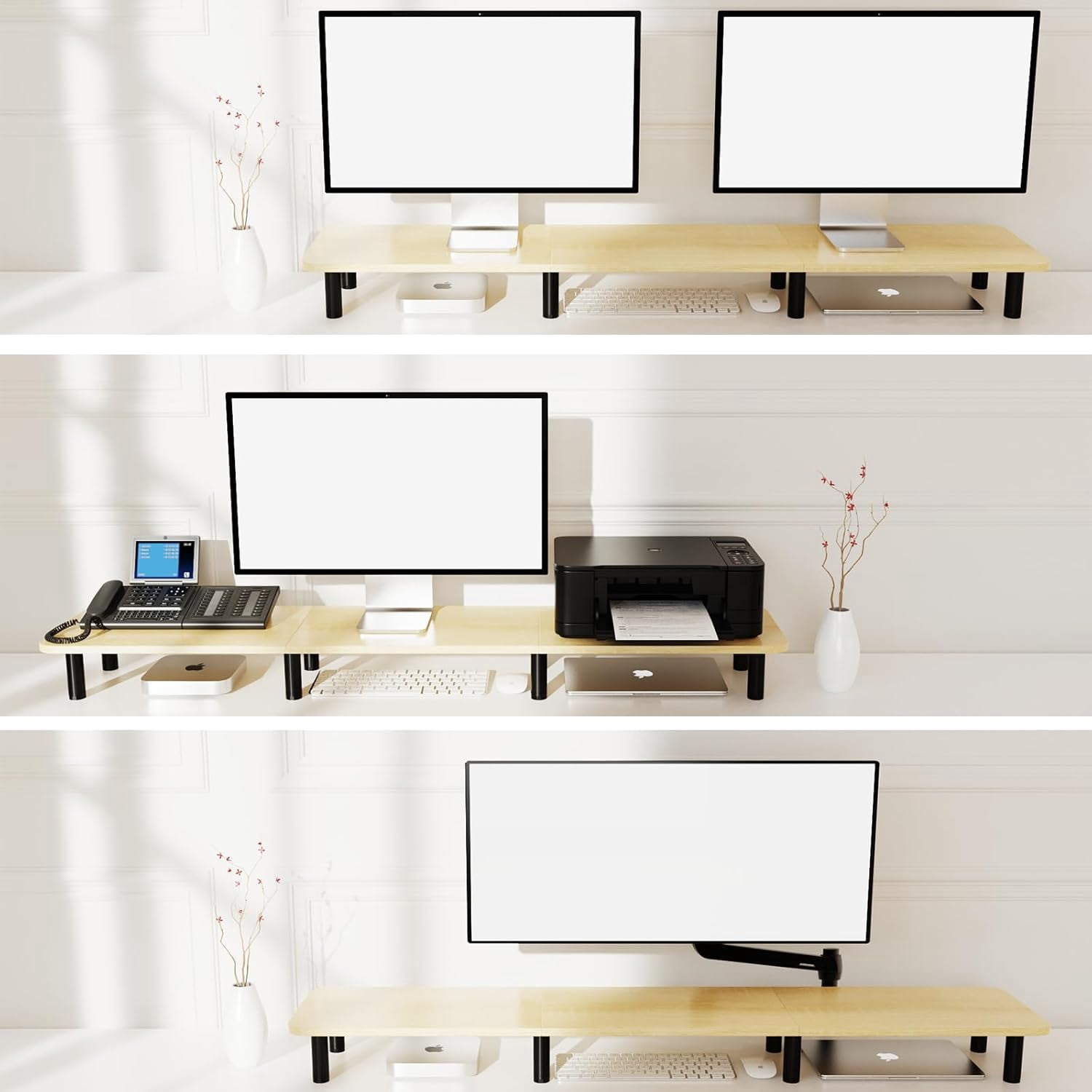 Extra Long Dual Monitor Stand - 43.7 Inch Wide Wood and Steel Desktop Riser for Home Office Desk Organization