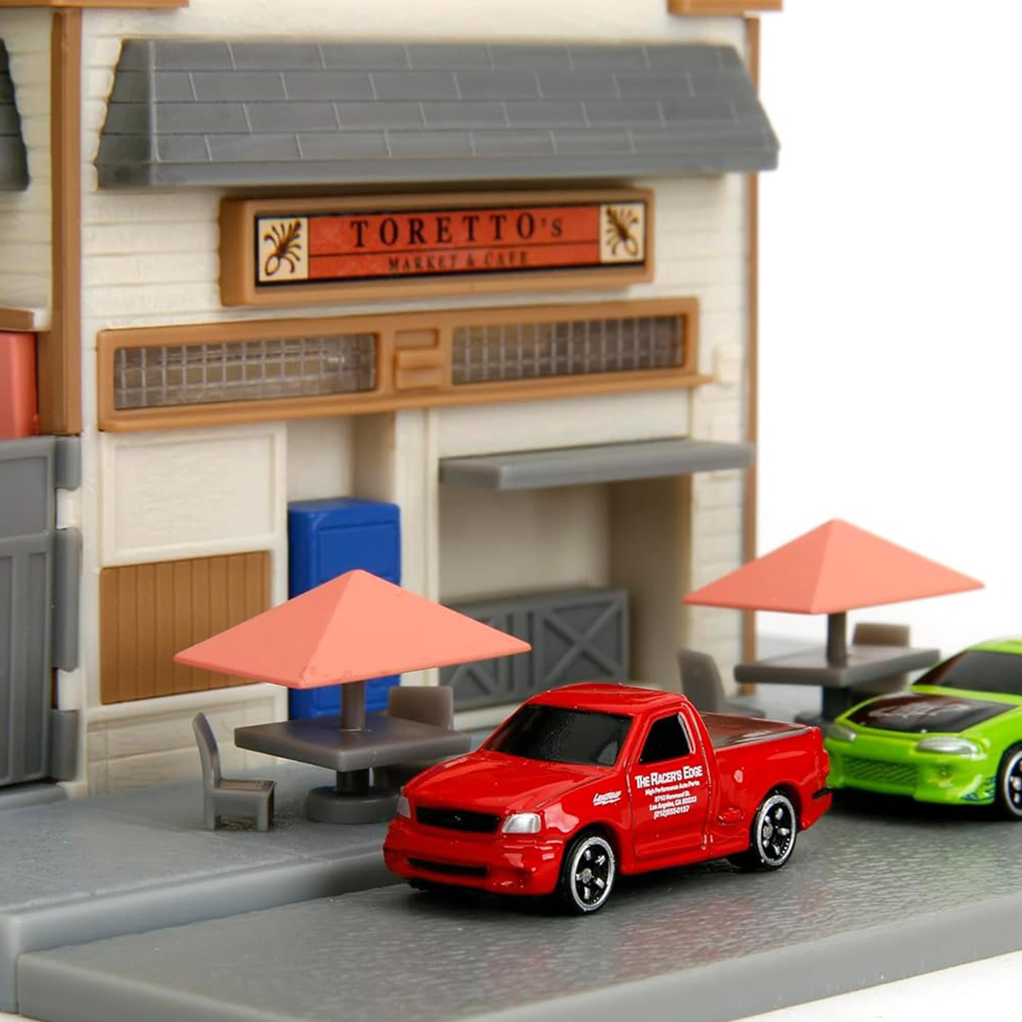 Jada Toys Fast & Furious Nanoscene: Toretto's Market & Cafe with 2 Nano Vehicles – Highly Detailed Movie Replica Playset, Collectible Scene for Ages 8+