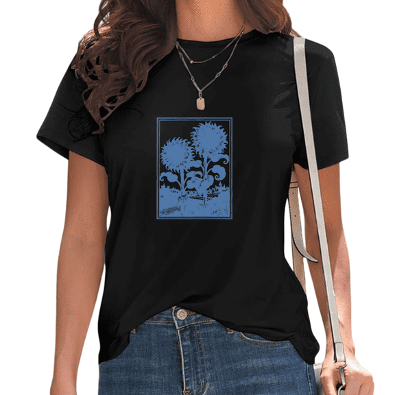 Women's Black Art Nouveau Sunflower Print T-Shirt Casual Short Sleeve Tees for Vintage Floral Lover Tops S-5XL
